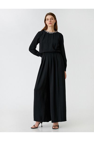 Koton Steindetaillierter Abendkleid-Overall mit weitem Bein und Kragen