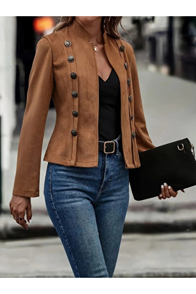 Trendusfashion Semišová bunda s dlouhým rukávem, vysokým límcem a bočními knoflíky