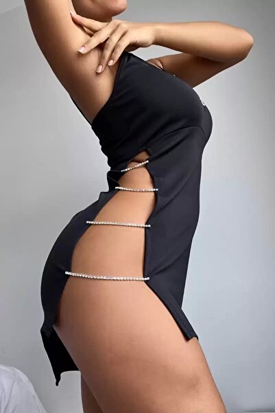 HayalGecesi Taşlı Siyah Fantezi Mini Elbise