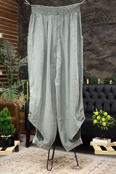 sahnemoda Linen Shalwar Trousers - Cuffed Button and Mesh