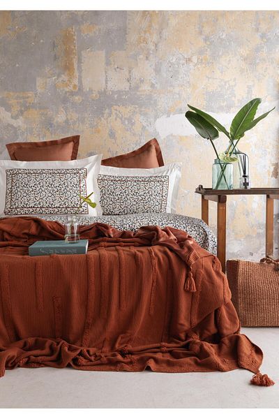 Apricitas HOME طقم غطاء لحاف منسوج من قماش ستامبينو تيراكوتا مزدوج مع بطانية
