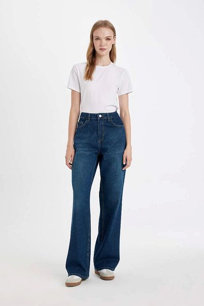 DeFacto D4312 Pantaloni drepți din denim spălat cu talie înaltă