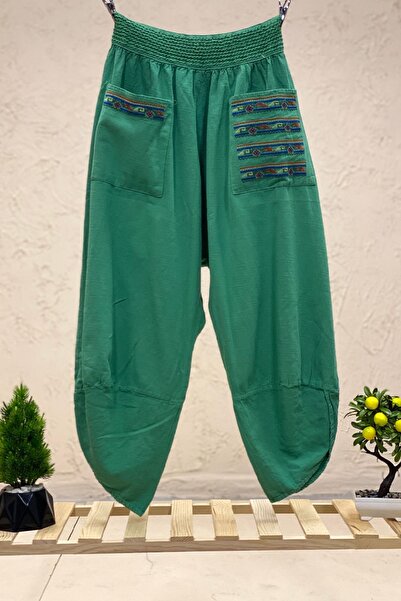 sahnemoda Paça V Kesim Cepleri Nakışlı Keten Pantolon