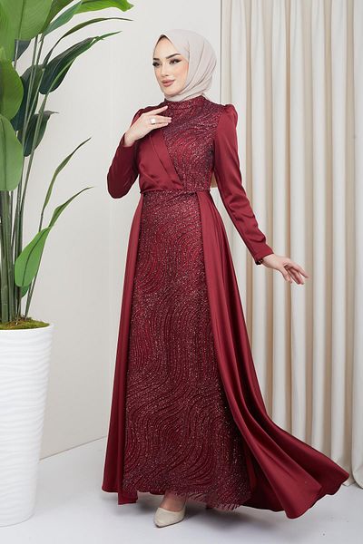 Olcay Rochie de seară Hijab din satin cu paiete si detaliu cu sclipici pe fată si Fustă pelerina Rosie Claret 1642