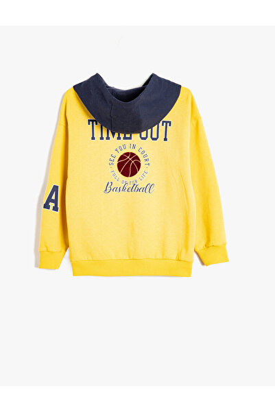 Koton Kapşonlu Sweatshirt Baskı Detaylı Renk Bloklu Uzun Kollu Şardonlu
