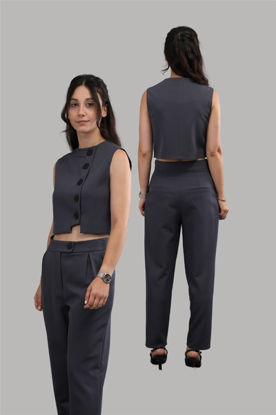 ÖNDER ÖZSOY Düğmeli Yelek Takım-Füme