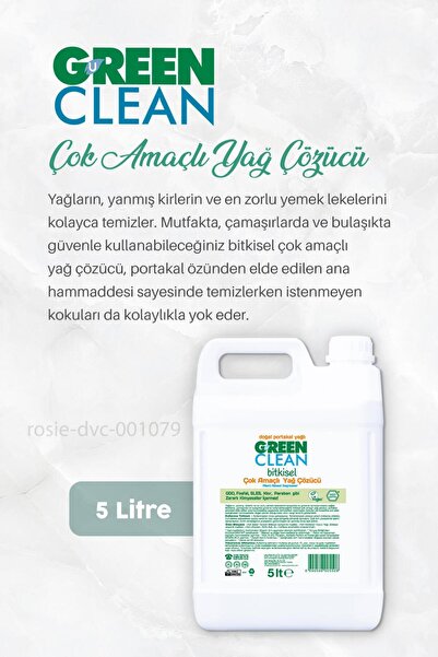 Green Clean Yağ Çözücü 5 lt, Bulaşık Makinesi Deterjanı 1 lt, Çok Amaçlı Temizleyici 1lt ve ROSIE