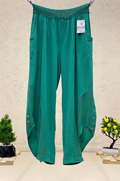 sahnemoda Paça Düğmeli Fileli Keten Şalvar Pantolon