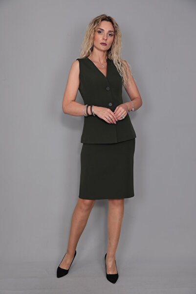 ÖNDER ÖZSOY Uzun Klasik Yelek & Kalem Etek Takım-Haki