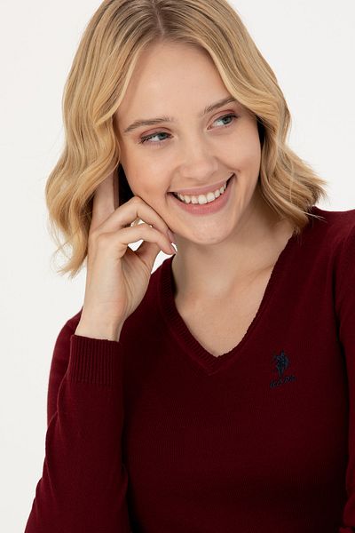 U.S. Polo Assn. Pulover de bază pentru femei cu decolteu în V roșu Claret - 50269014 -VR014