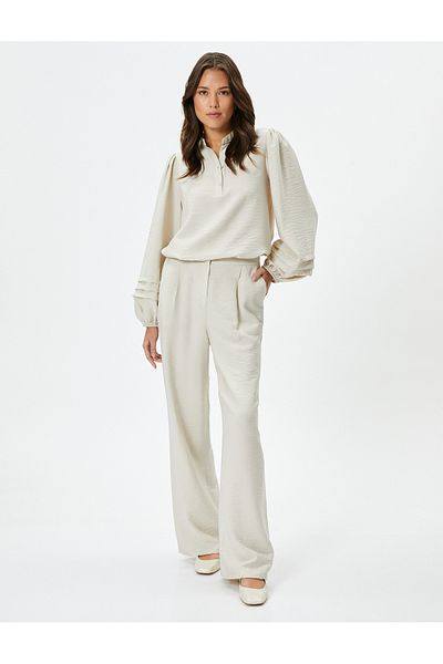 Koton Magnificent Collar Blouse Balloon Sleeves Buttoned Ribbed Viscose