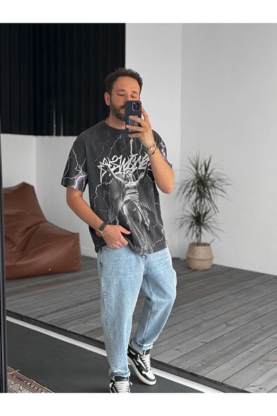 BYBASICMAN Anthracite Washed Sculpture Printed Oversize T-Shirt C-071