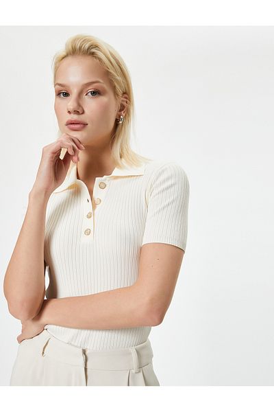 Koton Polo Neck Slim Fit Sweater - Short Sleeve and Button Detail