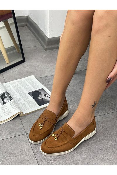 ERVANIN BUTİĞİ Liona Tan Suede Tasseled Women's Loafer