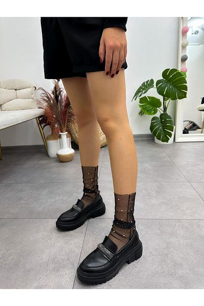 ERVANIN BUTİĞİ Black Skin (Stone) Stone Detail Women's Loafer