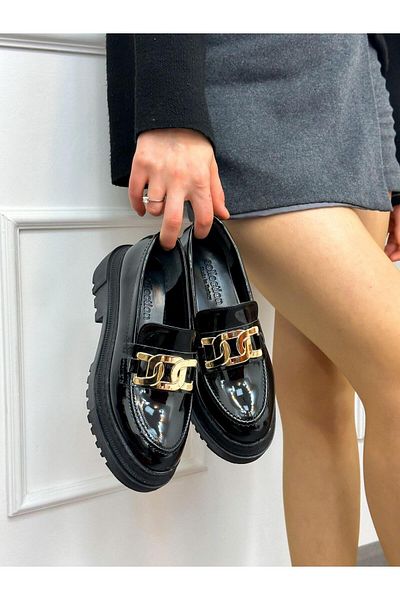 ERVANIN BUTİĞİ Black Patent Leather (Edith) Chain Detail Women's Loafer
