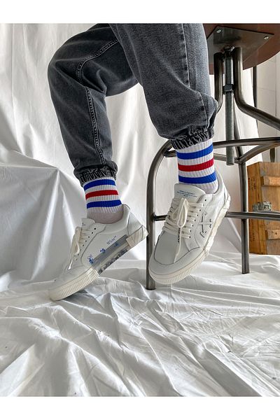 BYBASICMAN Blue and Red Striped White Long Socks
