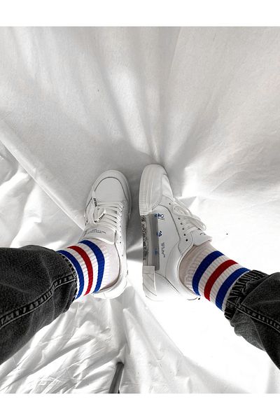BYBASICMAN Blue and Red Striped White Long Socks