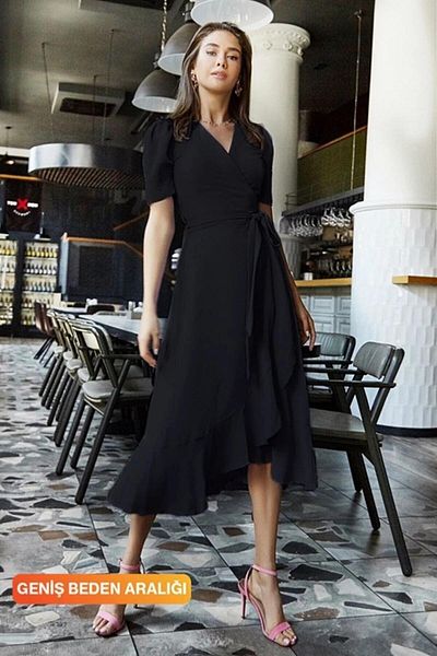 Creatif Flounce Belted Double Breasted Neck Midi Dress Black 581811