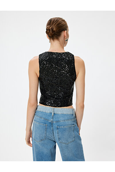 Koton Abiye Yelek Crop Pullu Payetli V Yaka Kolsuz Düğmeli Slim Fit
