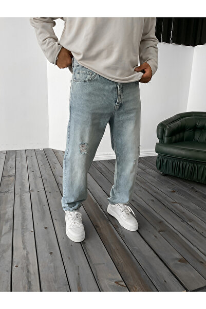 BYBASICMAN Açık Mavi Yırtıklı Baggy Pantolon KE-179/146/089/158