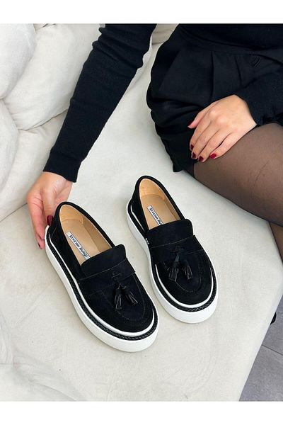 ERVANIN BUTİĞİ Black Suede (Line) Tassel Detail Women's Loafer