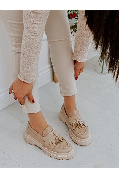 ERVANIN BUTİĞİ Bej Süet (Tassel) Püskül Detay Kadın Loafer