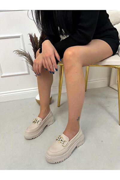 ERVANIN BUTİĞİ Bej Cilt (Char) Zincir Detay Kadın Loafer