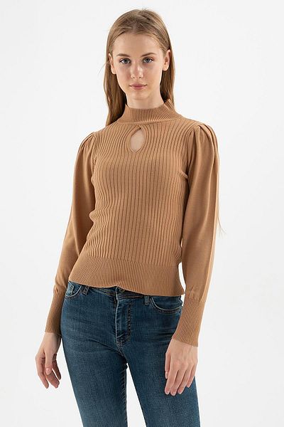 Fashion Friends Пуловер с висока талия и високи рамене, с прилепнала кройка и прозорец, KAZ