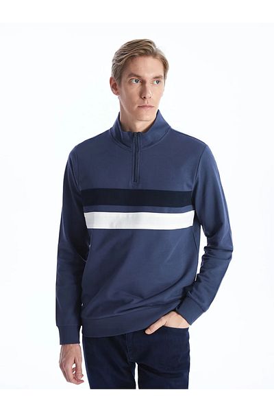 LC Waikiki Lcwaikiki Classic Indigo Stand Collar Long Sleeve Color-Blocking Men's Sweatshirt