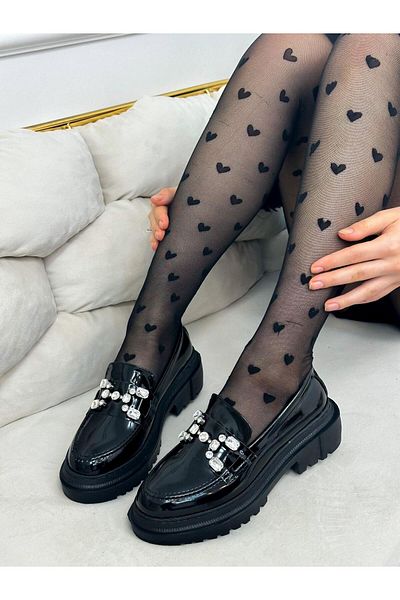 ERVANIN BUTİĞİ Black Patent Leather (Vivid) Stone Detail Women's Loafer