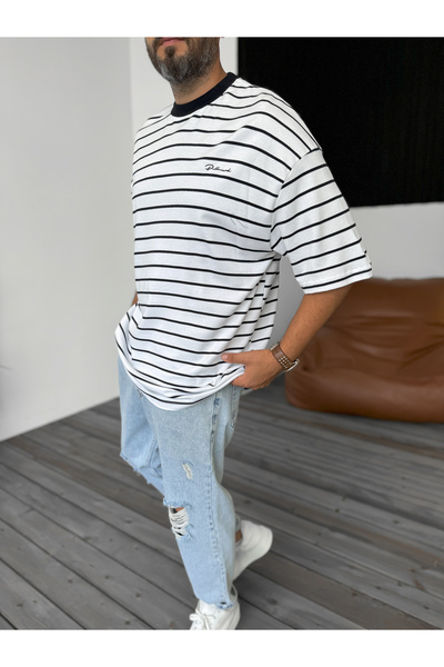 BYBASICMAN White Text Embroidered Striped T-Shirt Pm-133