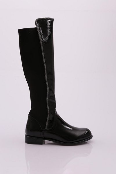 DGN Black Stretch Knee High Flats with Side Stones - Patent Leather 6192668
