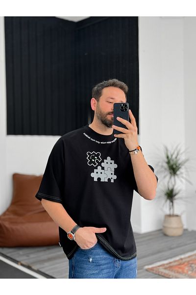 BYBASICMAN Black Puzzle Embroidered Oversize T-Shirt JJ-262