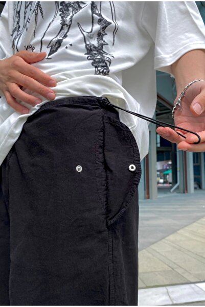 1blood Siyah Ayarlanabilir Pantolon Baggy Jean Yazlık Kumaş Paça Lastikli