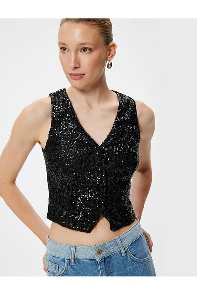 Koton V-Ausschnitt, ärmellos, geknöpft, Slim Fit, Abendweste – Paillettenbesetztes, kurzes Oberteil