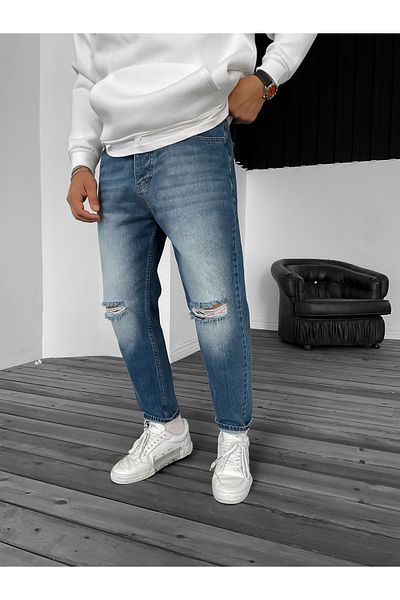 BYBASICMAN Blue Grinding Knee Ripped Boyfriend KE-092