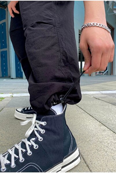 1blood Siyah Ayarlanabilir Pantolon Baggy Jean Yazlık Kumaş Paça Lastikli