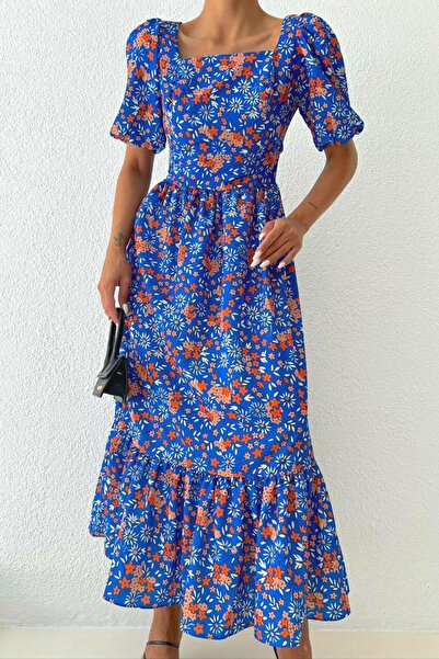 Mossta Rochie lungă cu modele florale cu decolteu pătrat Saks