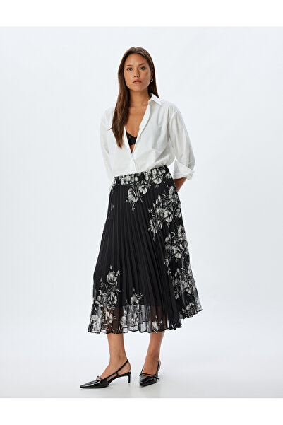 Koton Çiçekli Pileli Etek Midi Boy Standart Bel Astarlı