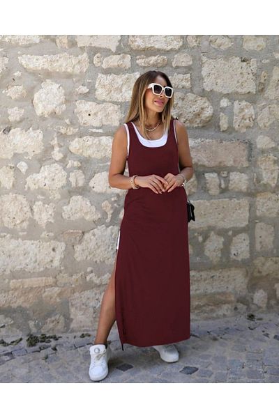 MODAVERA    Women's Slit Detailed Viscose Fabric Maxi Length Dress with Pockets and Inner Double Dress