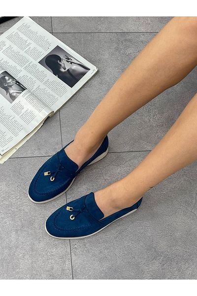 ERVANIN BUTİĞİ Liona Brand Navy Blue Suede Tasseled Women's Loafer