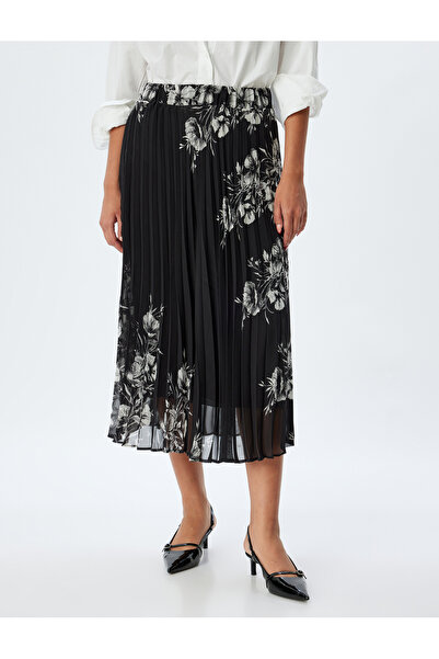 Koton Çiçekli Pileli Etek Midi Boy Standart Bel Astarlı