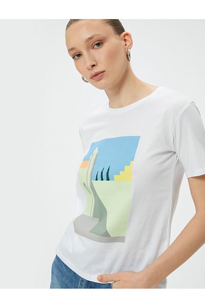 Koton Bedrucktes Baumwoll-T-Shirt mit Rundhalsausschnitt