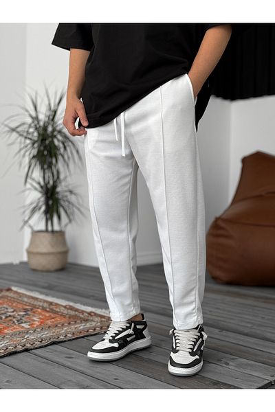 BYBASICMAN Pantaloni albi din stofă Waffle cu cusături KE-5036/5043
