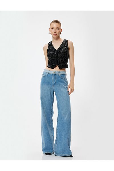 Koton V-Ausschnitt, ärmellos, geknöpft, Slim Fit, Abendweste – Paillettenbesetztes, kurzes Oberteil