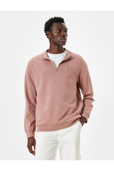 Koton Slogan Baskılı Sweatshirt Yarım Fermuarlı Basic Pamuklu İnterlok Kumaş