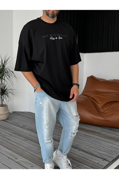 BYBASICMAN Black Keep Me Printed Oversize T-Shirt B-1149