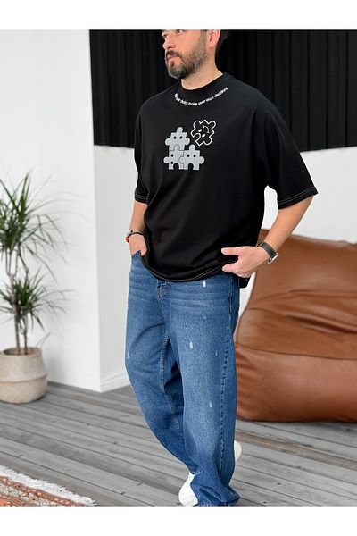 BYBASICMAN Black Puzzle Embroidered Oversize T-Shirt JJ-262