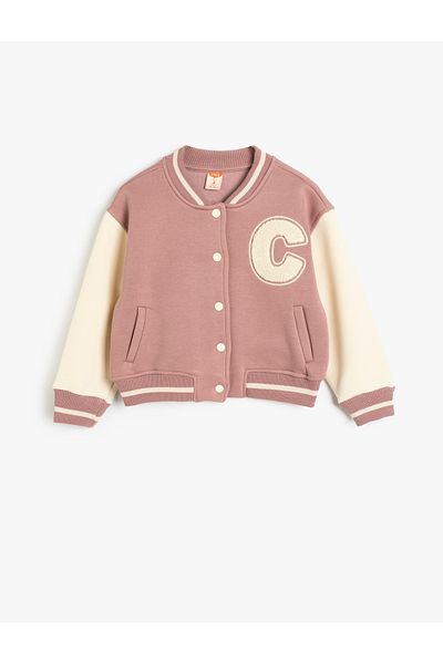 Koton Ribbed College Jacket - Snap Closure, Pocket and Applique Detail